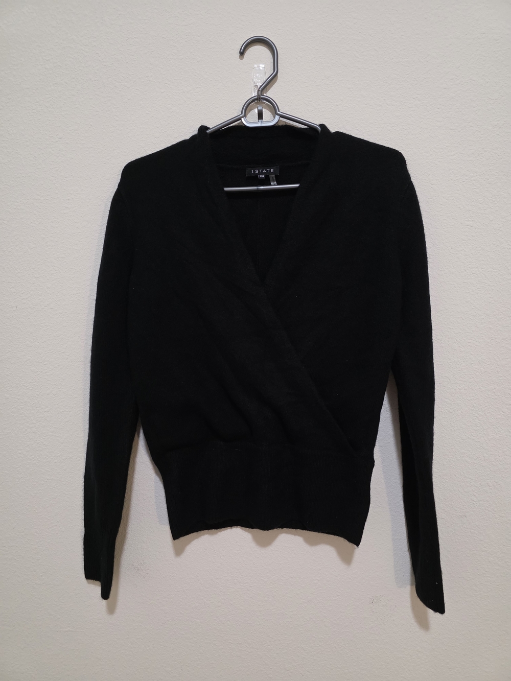 1. State Black V-Neck Wrap Sweater